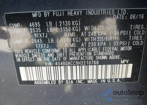 2017 Subaru Outback 2.5I Premium из США, поврежденный, VIN 4S4BSACC8H3210768